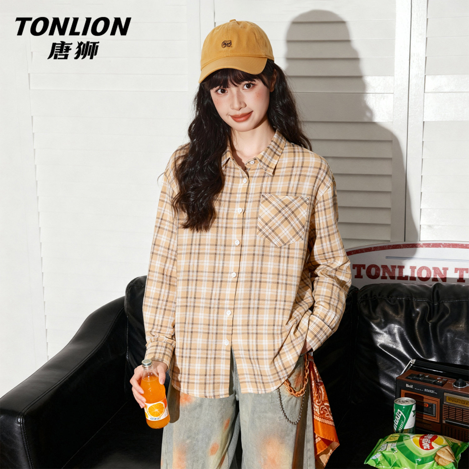 唐狮官方黄色格子长袖衬衫女2026新款春秋款慵懒风宽松外套上衣V