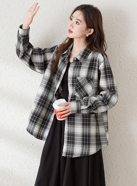 唐狮新款长袖衬衫女黑白格子翻领百搭宽松休闲慵懒风上衣blTM