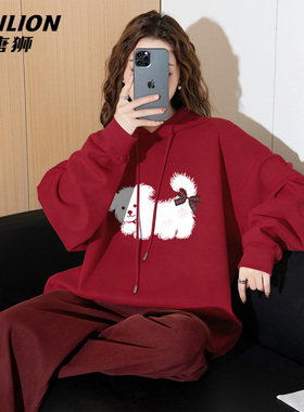 唐狮官方连帽卫衣女春秋款红色休闲连帽套头2026马年本命年衣服VB