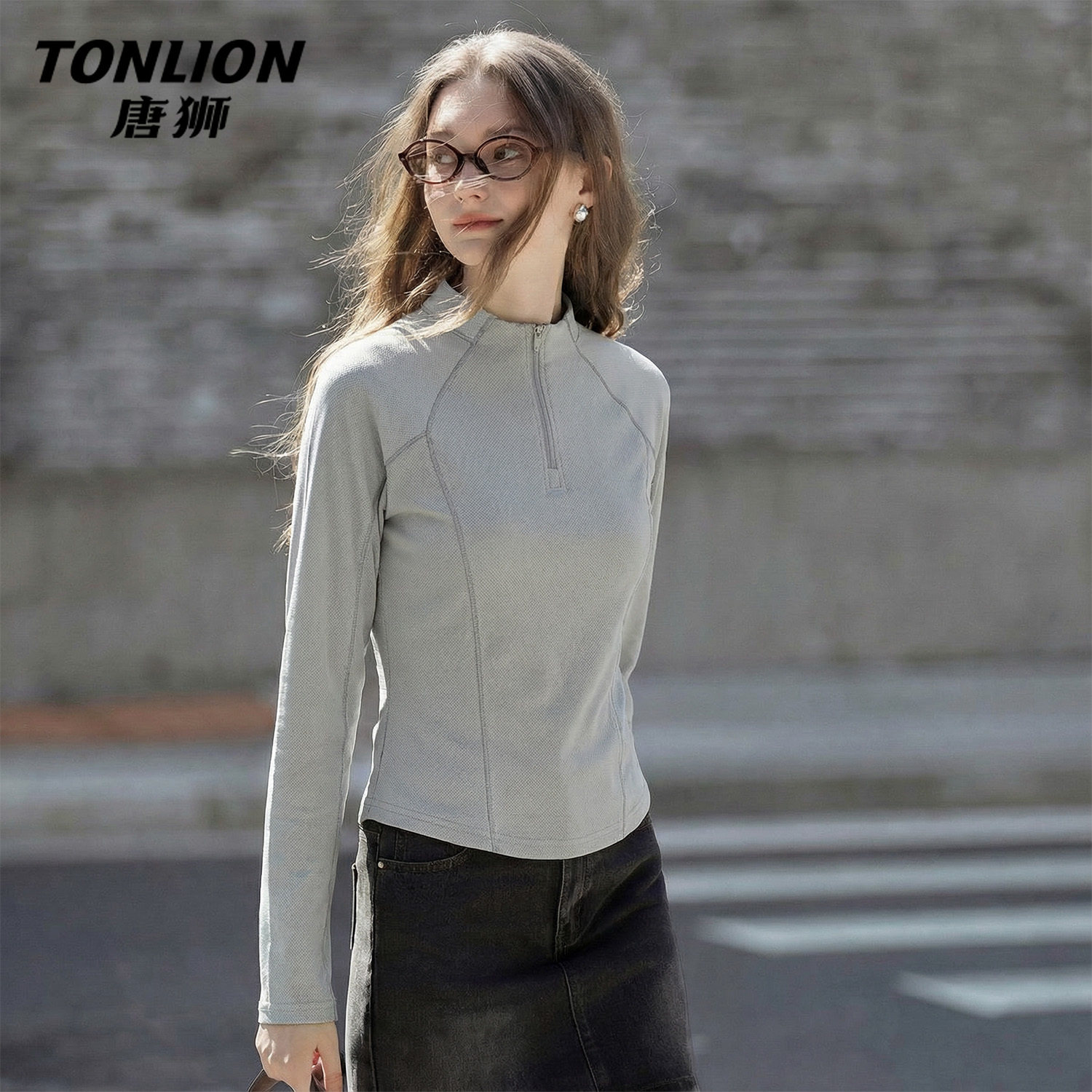 唐狮官方灰色速干长袖t恤女春秋2026新款女士修身显瘦运动上衣V