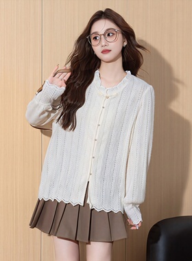 唐狮女长袖衬衫圆领木耳边绑绳肌理简约气质优雅百搭温柔女上新tu
