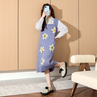 唐狮紫色背带裙女秋冬新款无袖背心裙针织毛衣裙冬季入秋连衣裙TD
