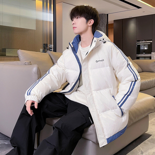 唐狮冬季新款男生羽绒服短款连帽面包服撞色拼条学院风厚外套TD