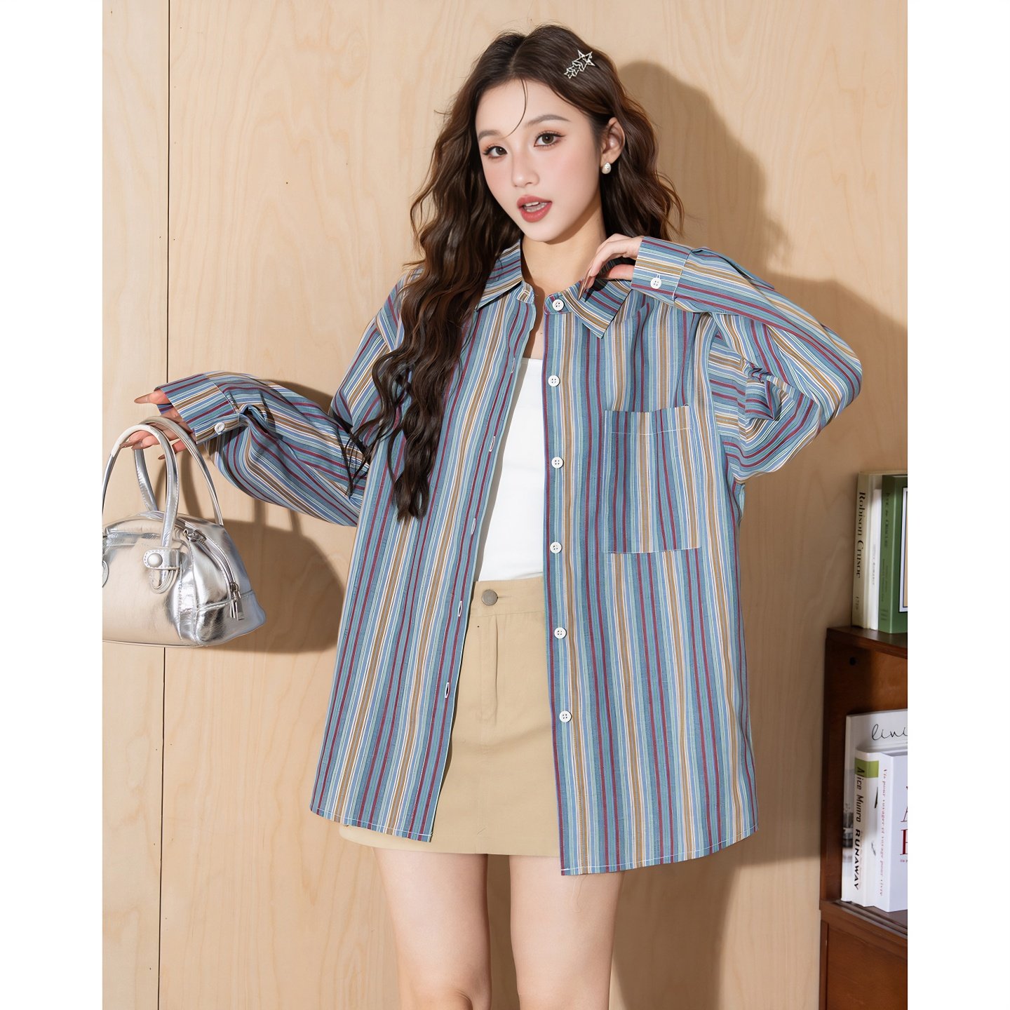 唐狮秋冬新款女衬衫彩色竖条纹翻领长袖衬衣设计感薄外套女TM,女装/女士精品,衬衫,淘宝优惠券,粉丝福利购,淘宝优惠卷