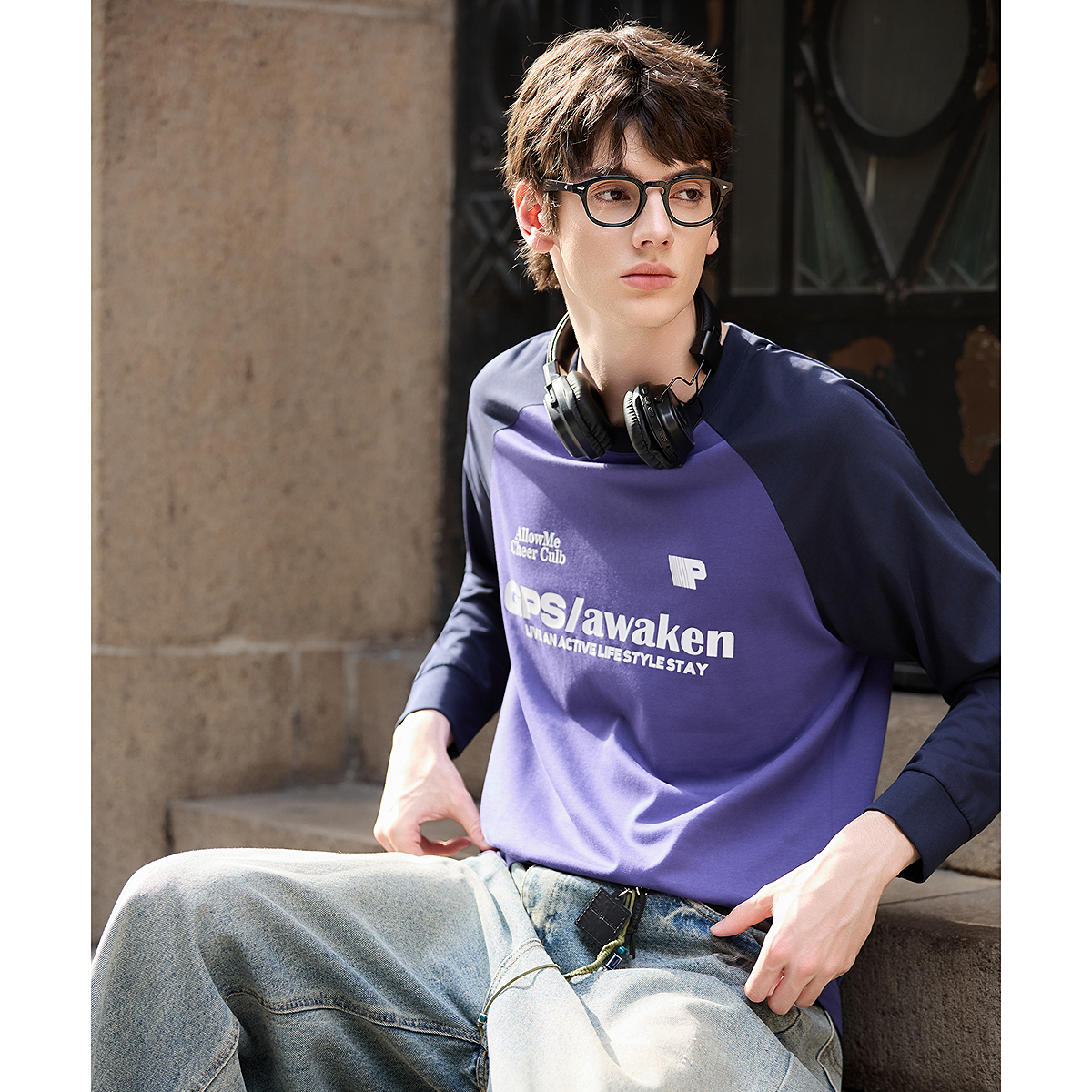 唐狮秋季新款长袖T恤男插肩袖撞