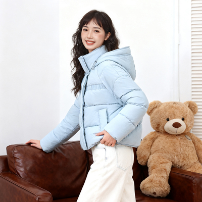 唐狮立领连帽短款羽绒服保暖外套