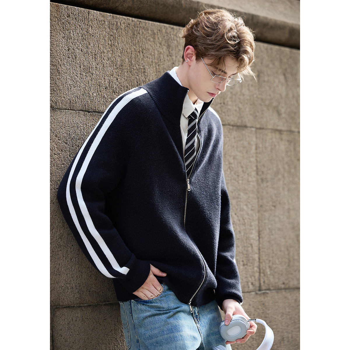 唐狮秋冬季毛衣男立领撞色运动风开衫毛线衫休闲风毛衣外套TM