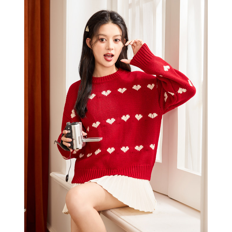 唐狮新款毛衣女秋冬今年流行设计感圆领软糯上衣新年战袍节日TD