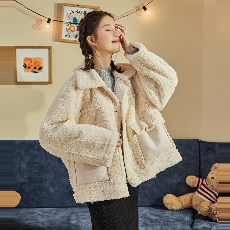 唐狮2022冬新款棉衣女短款仿羊羔毛翻领小香风外套韩版原宿风ins