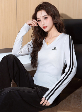 唐狮女V领袖子织带长袖T恤打底衫内搭红色流行爆款上衣女装TD