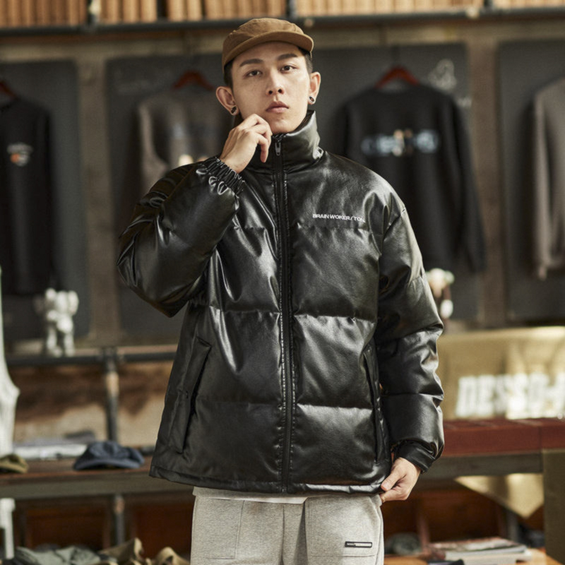 唐狮立领PU仿皮羽绒服男冬季新款外套短款羽绒服保暖加厚上衣