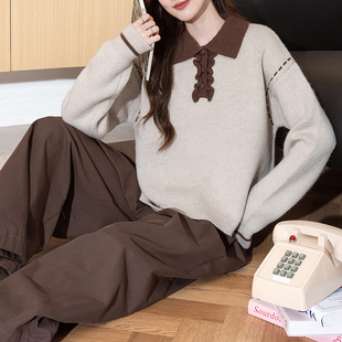 唐狮秋冬毛衣女法式 复古风撞色翻领套头春秋可外穿高级感女装