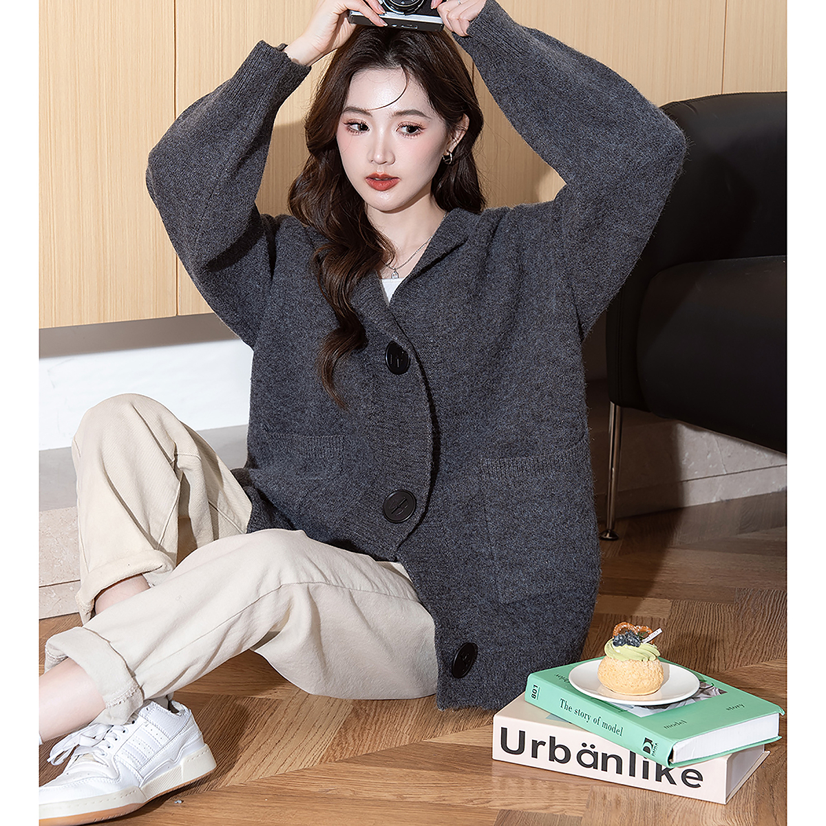 唐狮秋冬毛衣外套女大纽扣简约连