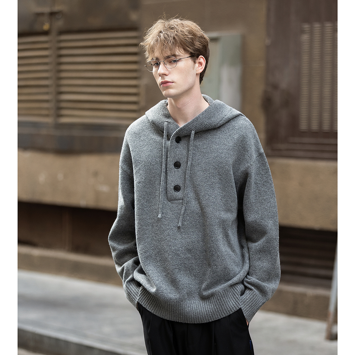 唐狮秋冬季毛衣男连帽半开襟毛线