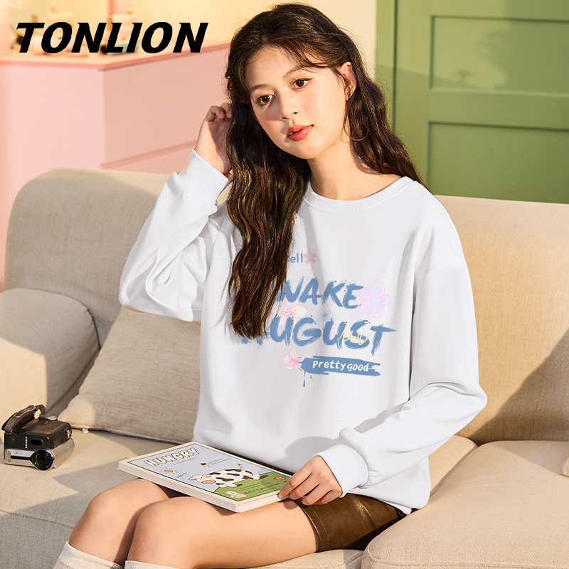 唐狮白色卫衣女春秋款2025新款无帽圆领外套女生多巴胺穿搭上衣VB