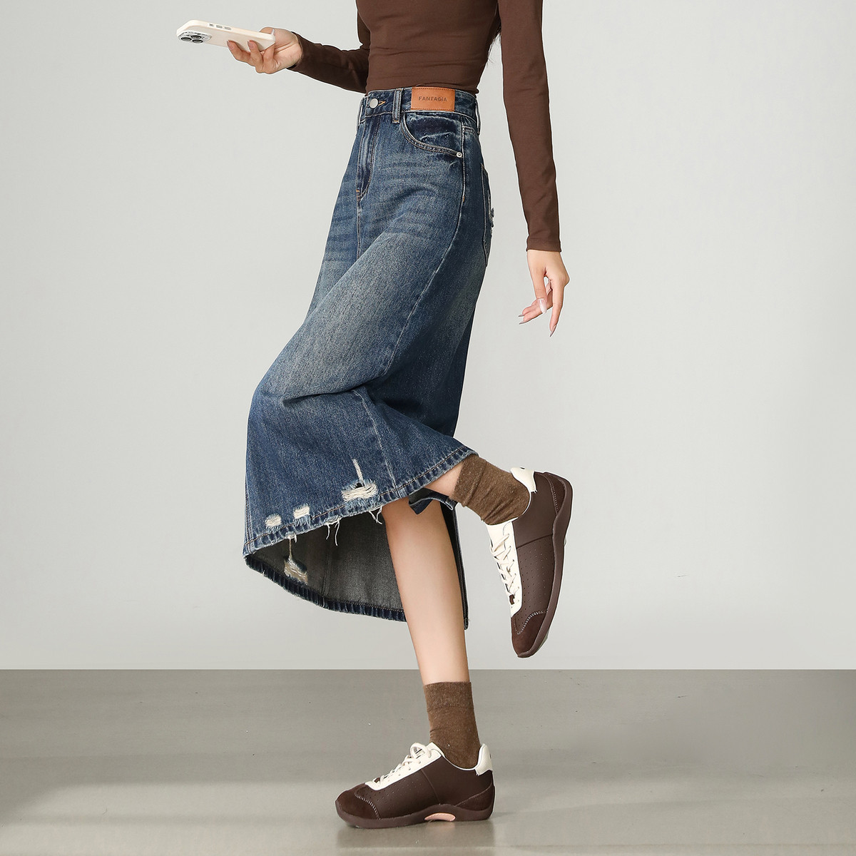 唐狮秋冬新款牛仔半身长裙女高腰显瘦女休闲通勤牛仔破洞时尚TMTA,女装/女士精品,半身裙,淘宝优惠券,粉丝福利购,淘宝优惠卷