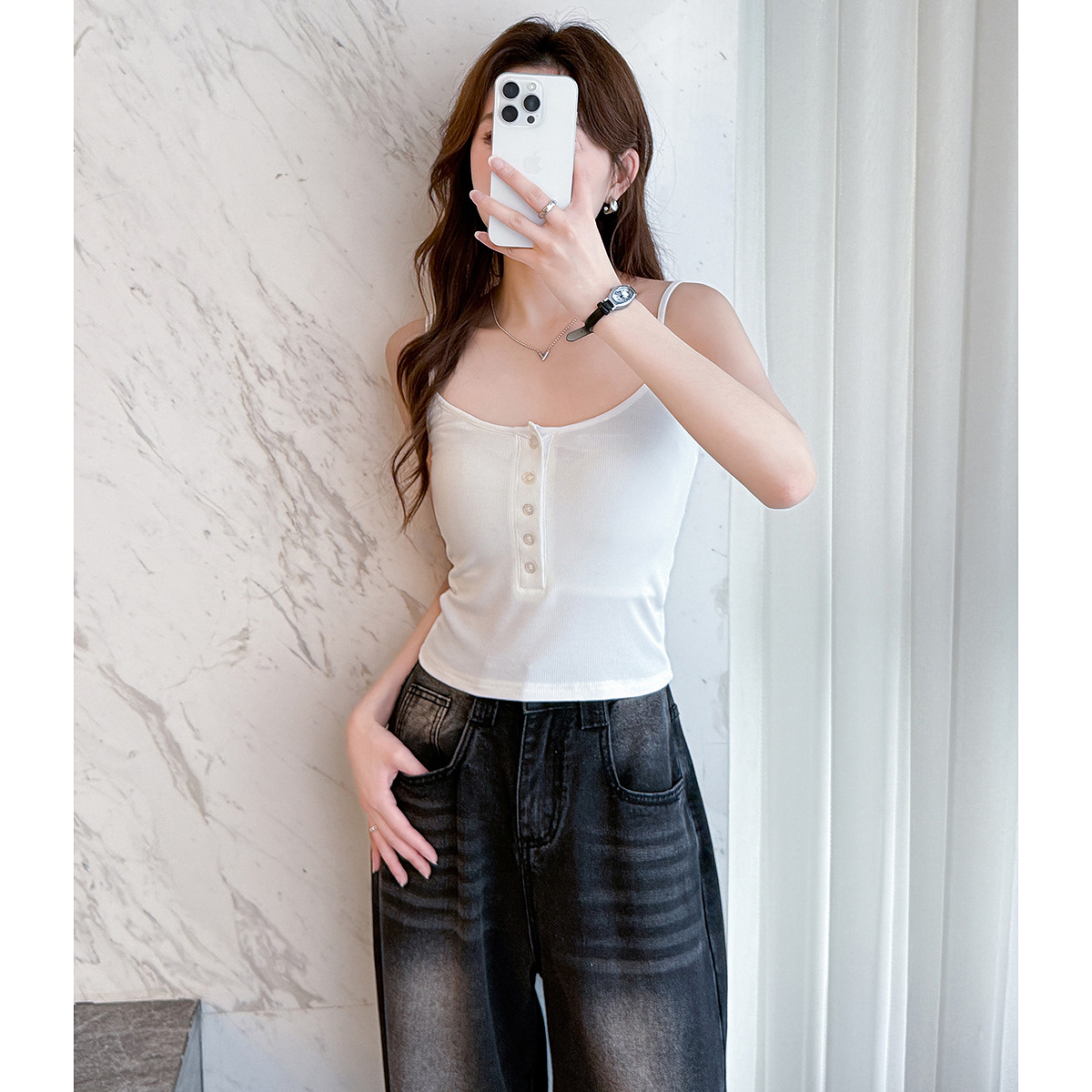 唐狮夏季新款吊带背心女士打底黑白色上衣针织纯色内搭美背h1TD