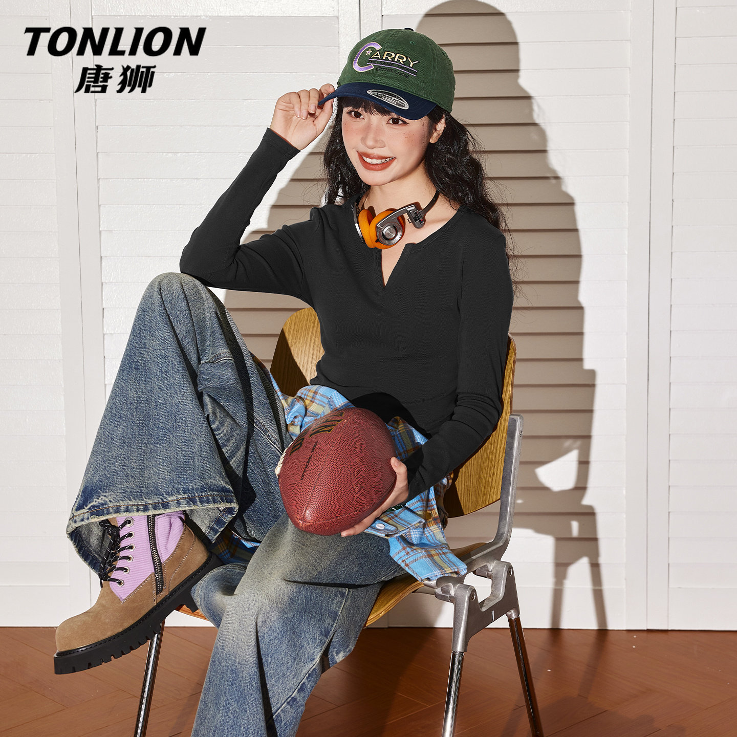 唐狮官方黑色v领长袖t恤女2026新款春秋小个子修身显瘦紧身上衣