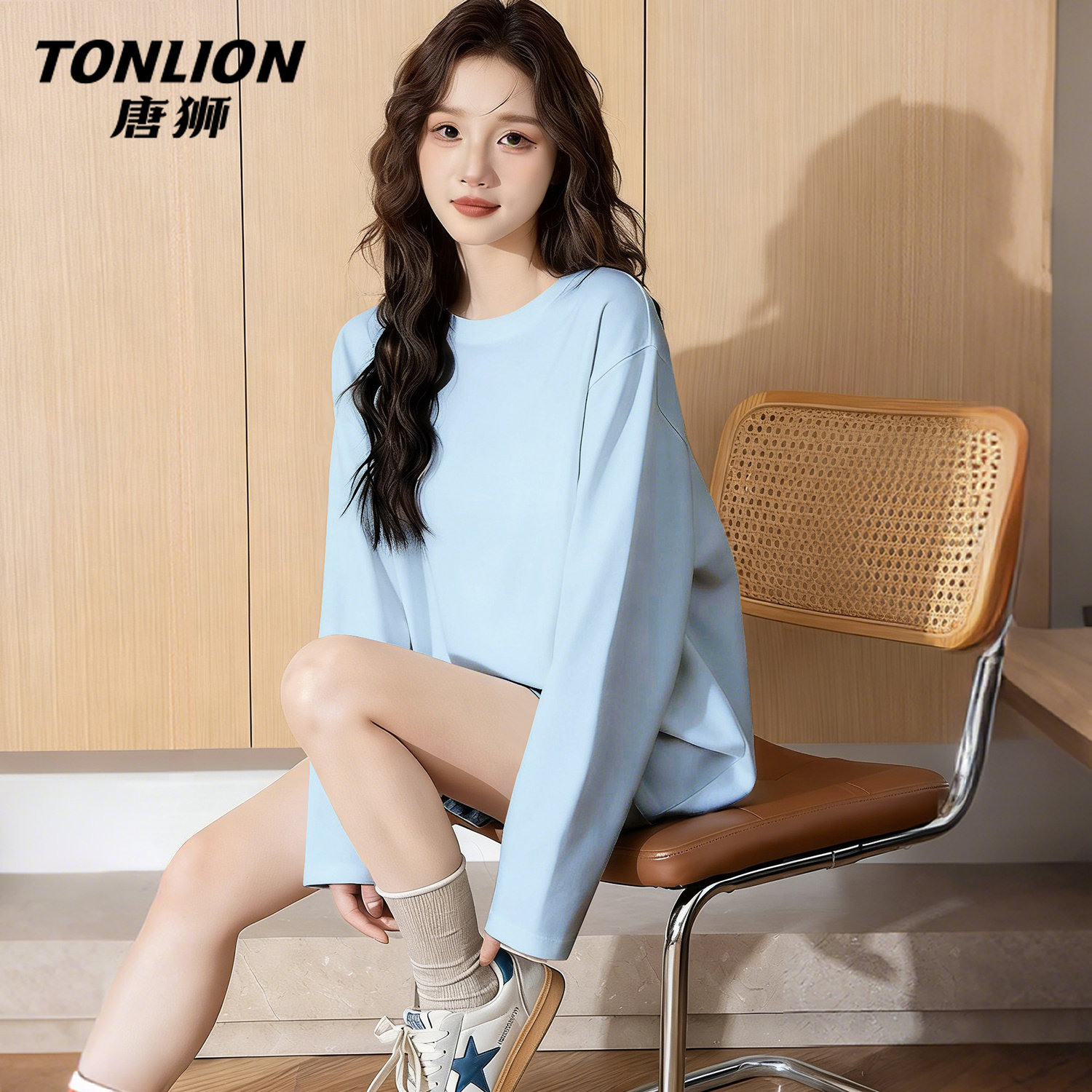 唐狮官方纯棉长袖t恤女2026新款春秋款女士宽松显瘦内搭打底衫V