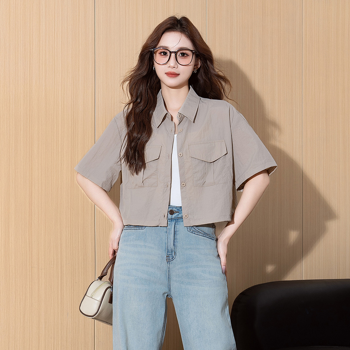 唐狮春夏新款女短袖衬衫短款工装复古休闲衬衣百搭时尚潮流