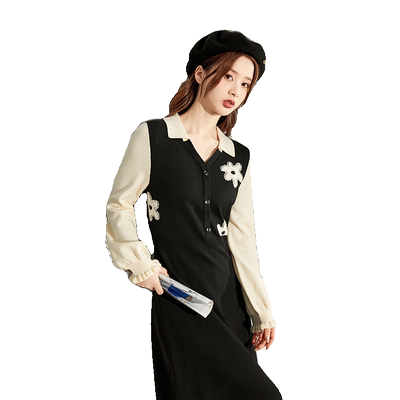 唐狮花朵秋冬连衣裙秋款女黑色长