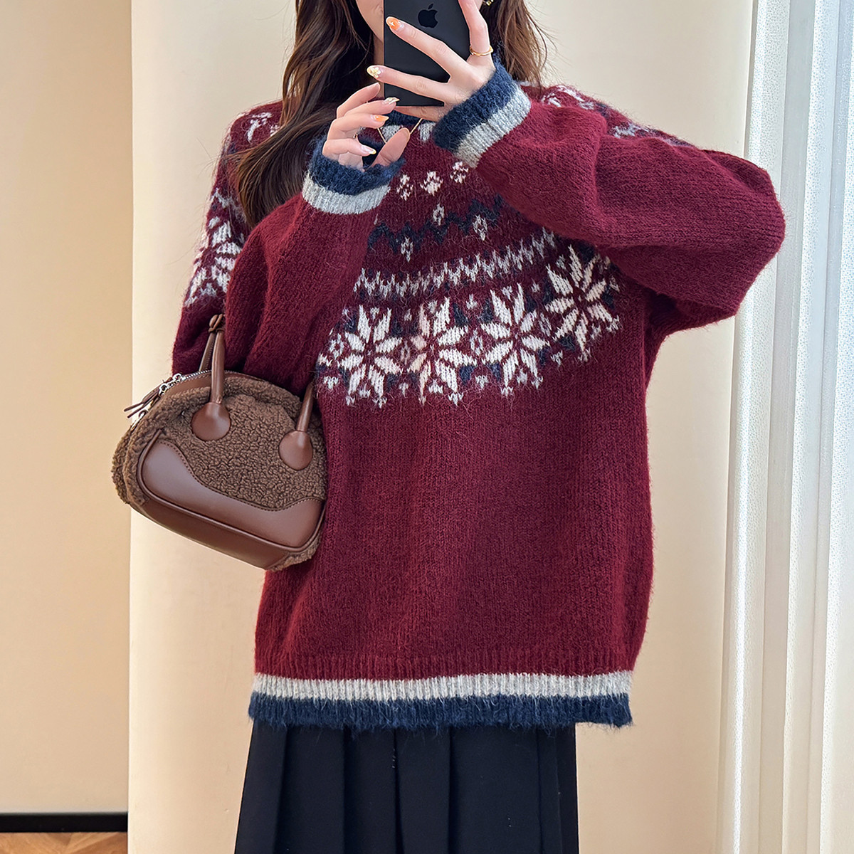 唐狮秋冬复古风费尔岛图案圆领套头针织衫女毛衣百搭流行TD