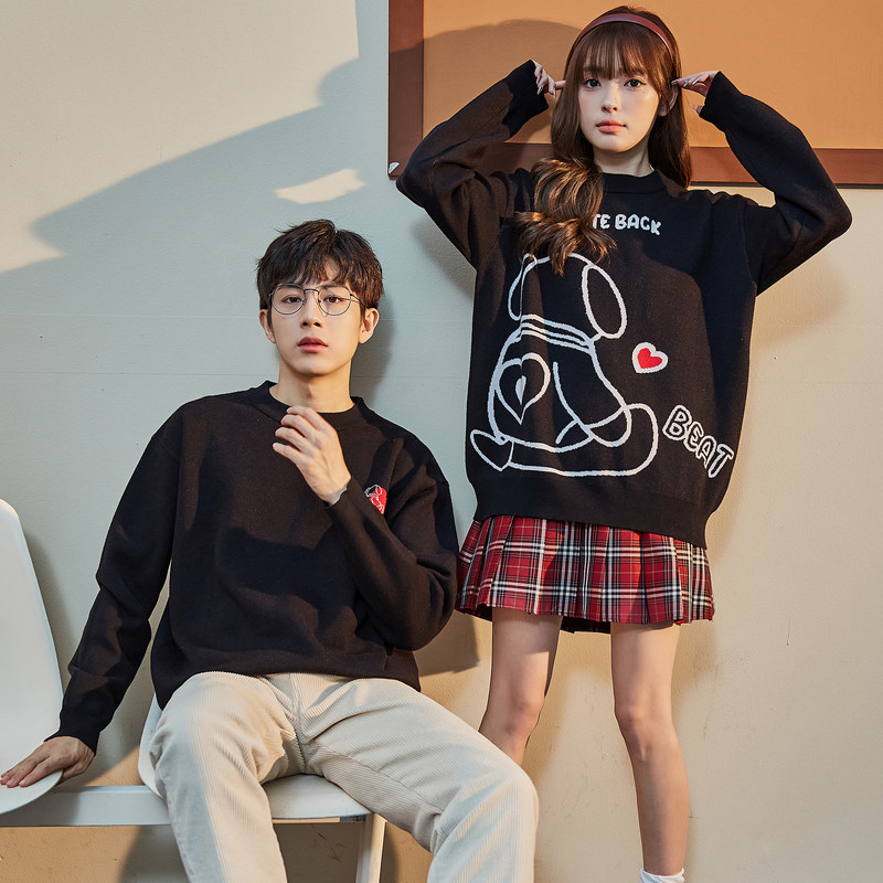 唐狮个性印花情侣装毛衣秋冬款圆领线衫上衣男女外穿宽松套头外套