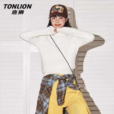 唐狮白色半高领毛衣开衫外套女