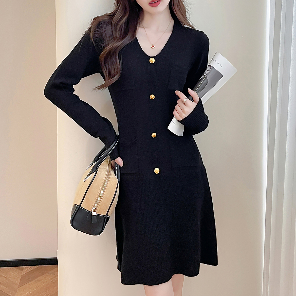 唐狮秋冬长袖连衣裙名媛风气质显