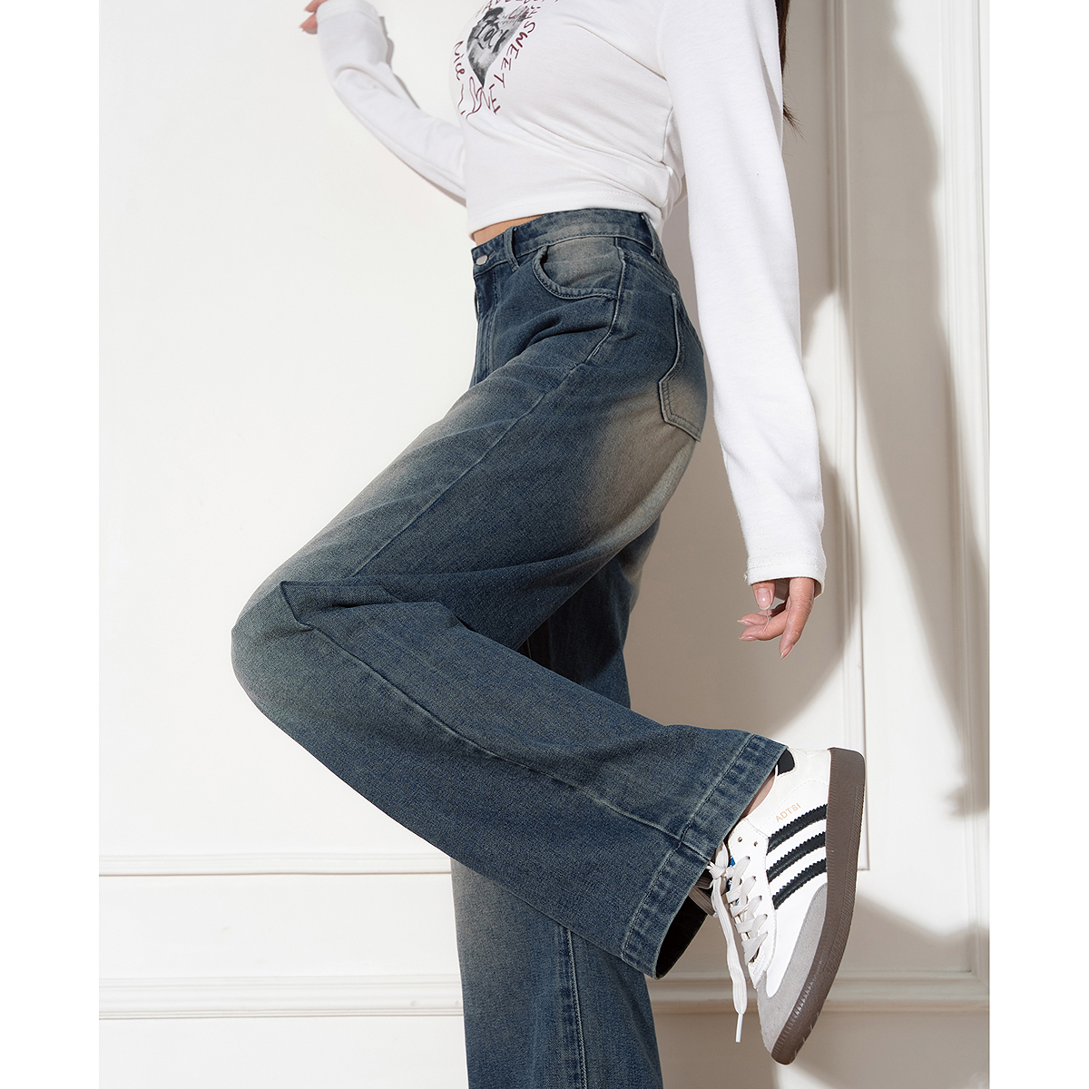 唐狮春秋新款直筒牛仔裤女款小个