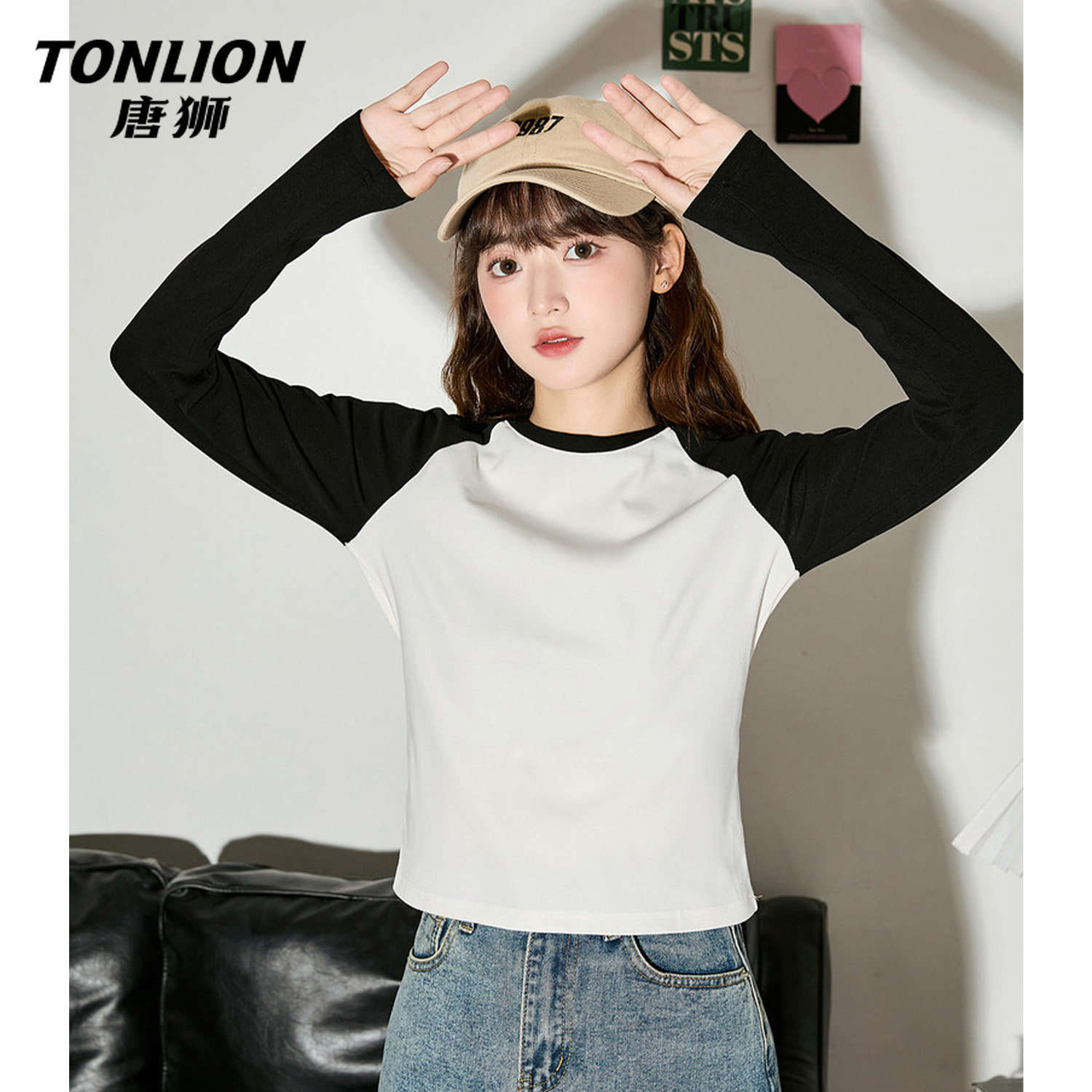 唐狮官方黑色插肩长袖t恤女2026新款春秋款修身显瘦内搭上衣女V