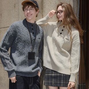 唐狮秋冬季情侣女绞花毛衣男半高领小细节绞花米白色毛线衫TM