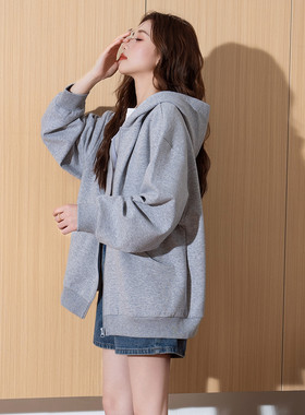唐狮秋季新款外套女休闲宽松灰色连帽卫衣拉链韩版百搭开衫2025tu
