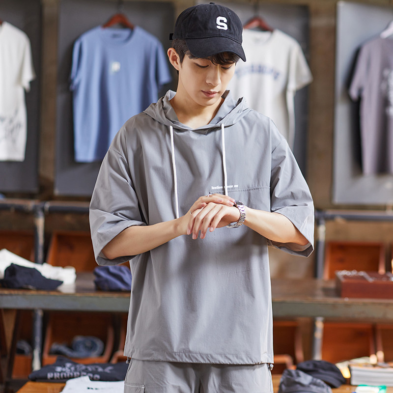 唐狮半袖卫衣男士夏新薄款短袖t恤宽松设计感韩版潮上衣