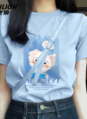 唐狮蓝色t恤女短袖2026新款爆款夏季纯棉半袖正肩宽松上衣VB