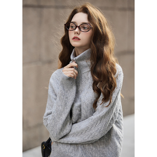 yoe秋冬新款 毛衣女半拉链高领灰色复古麻花针织套头毛线衫