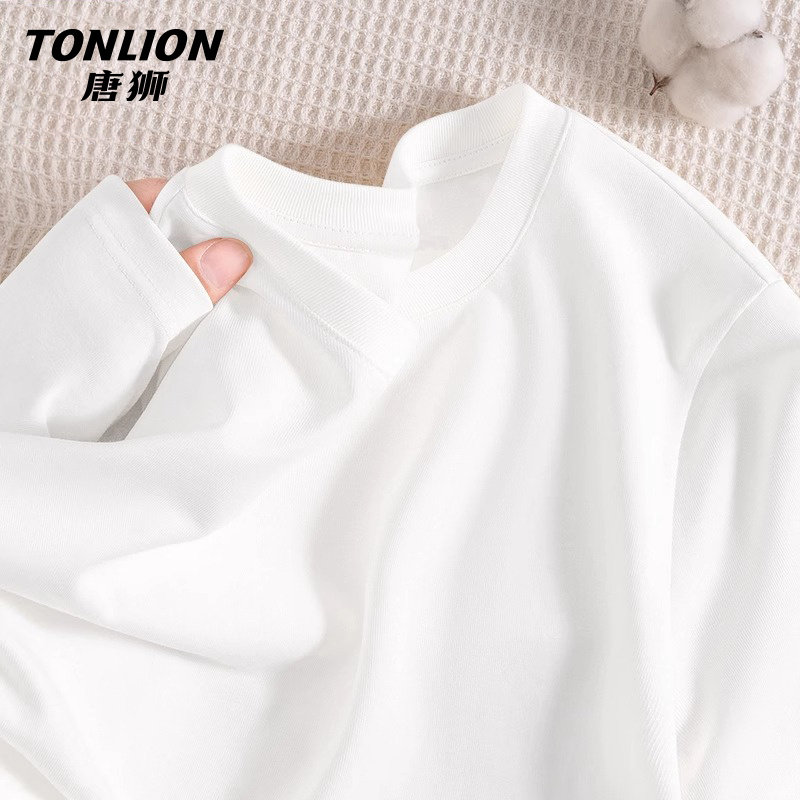 唐狮长袖t恤女春秋2026新款爆款小个子纯棉打底衫白色内搭上衣V