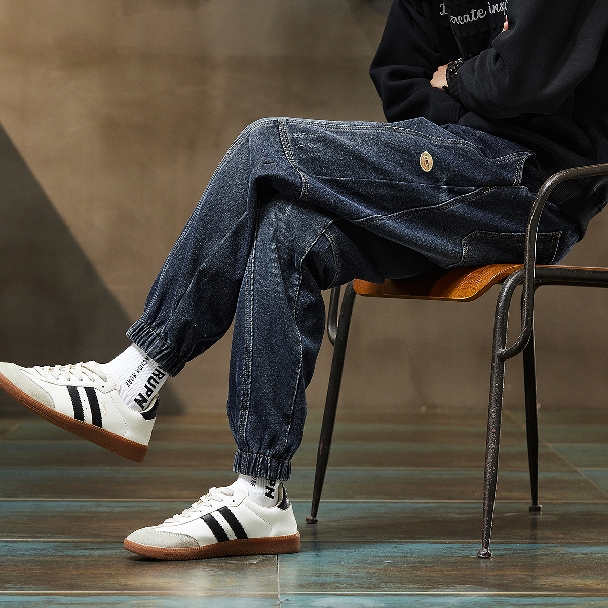 唐狮秋冬男束脚牛仔长裤加绒加厚