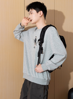 Radiohead春秋新款卫衣男麻灰色小恐龙印花上衣宽松休闲百搭TD