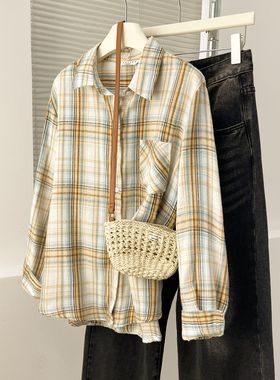 唐狮新款女长袖衬衫衬衣外套格子黄色百搭休闲衬衫女上衣blTM
