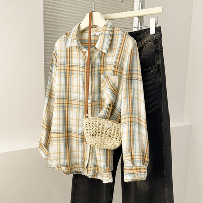 唐狮新款女长袖衬衫衬衣外套格子