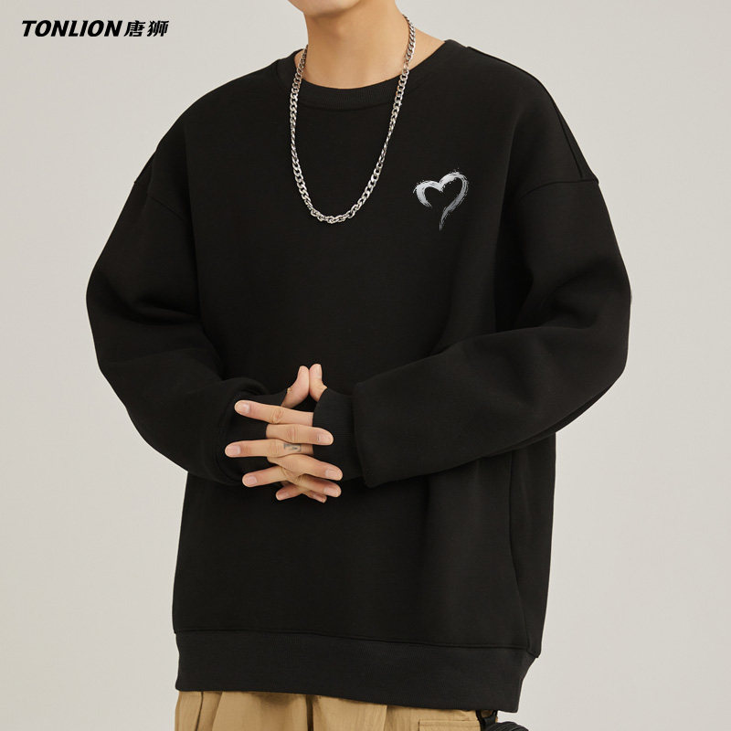 唐狮男女同款圆领卫衣春秋季情侣装穿搭爱心图案青少年潮牌外套YB