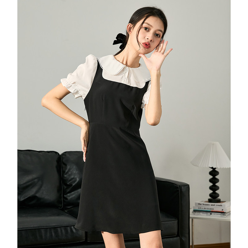 唐狮假两件背带连衣裙女初恋裙黑色短袖裙子女夏季显瘦休闲女装潮