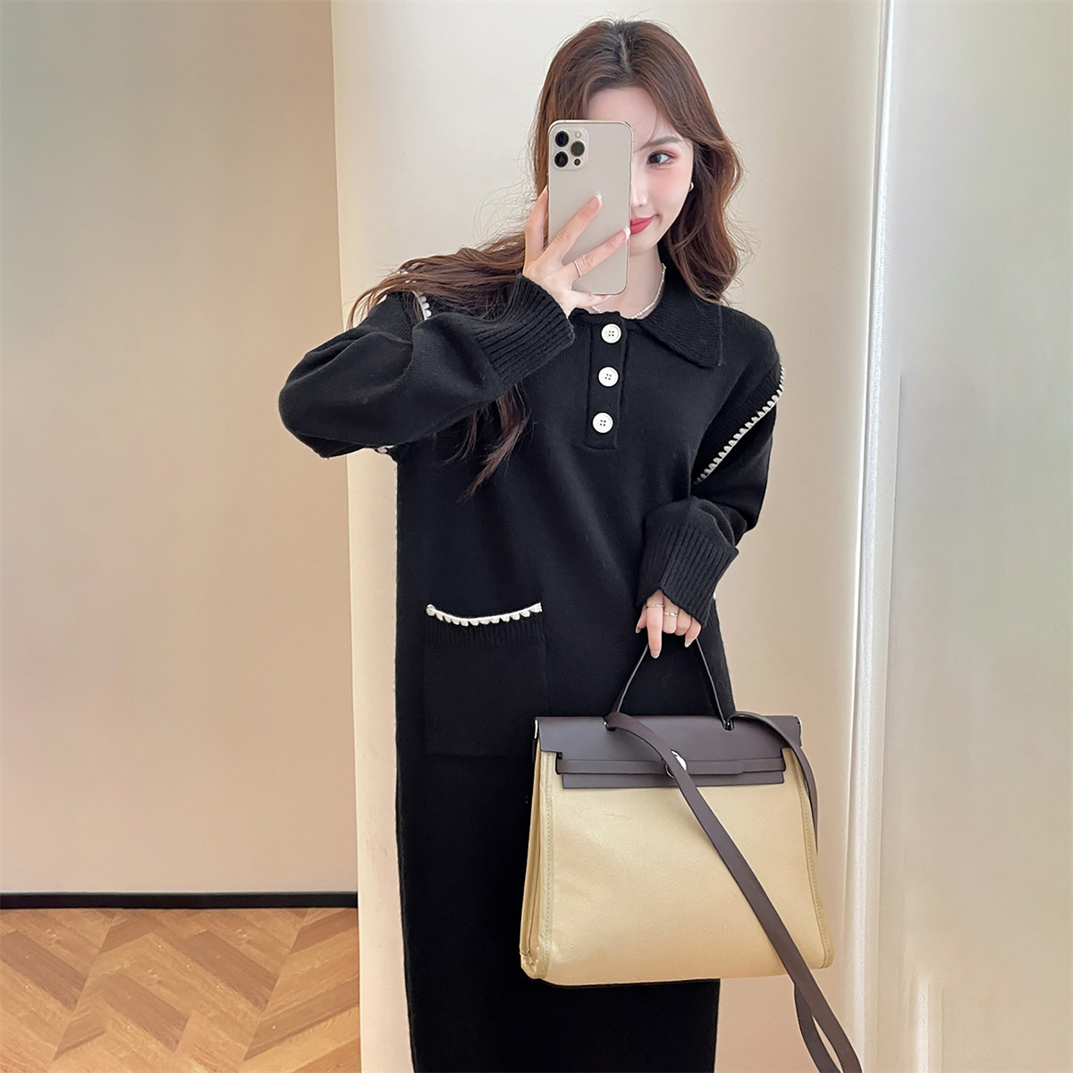 唐狮秋冬休闲舒适翻领连衣裙甜美风宽松超好看温柔系裙子TM