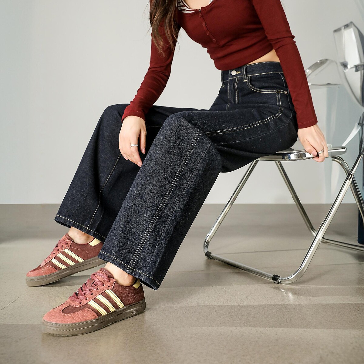 唐狮秋冬季女宽松牛仔长裤明线直