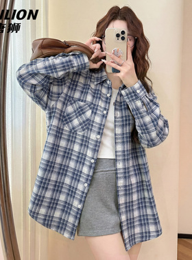 唐狮官方长袖格子衬衫女2026新款蓝色格纹翻领复古百搭休闲上衣VB