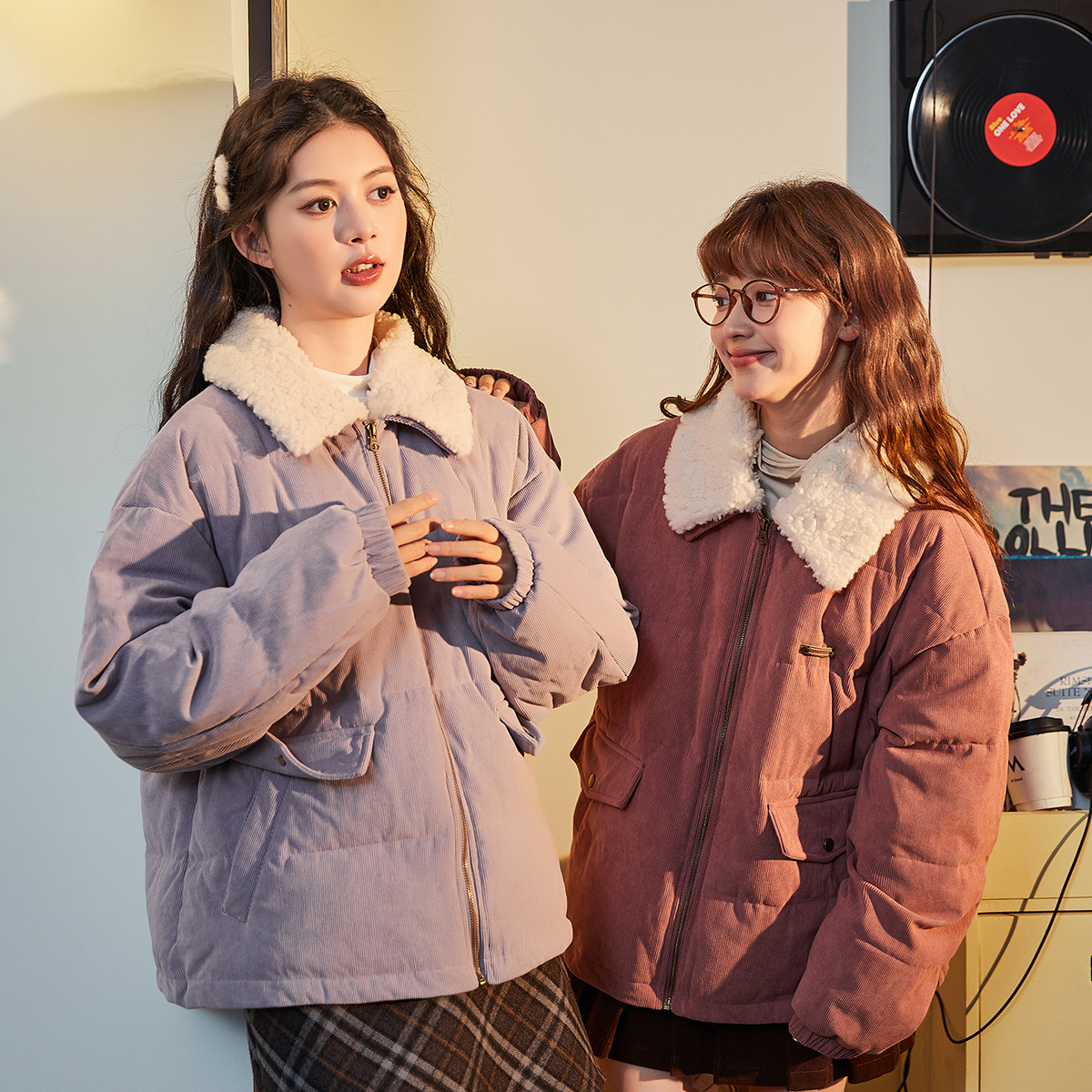 唐狮冬季新款女仿羊羔毛拼接短款棉衣保暖小众设计感潮流穿搭tu