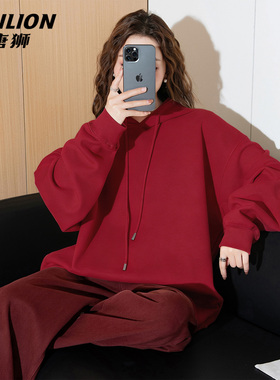 唐狮官方本命年卫衣女2026新款春秋款女士宽松连帽红色过年衣服VB
