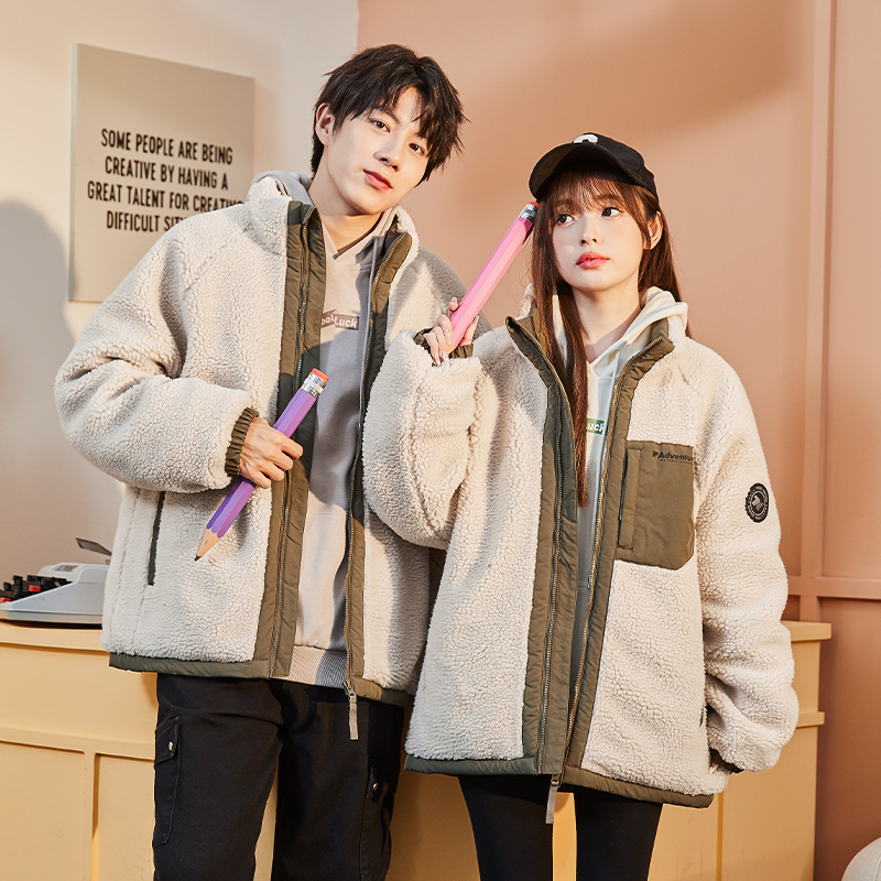 唐狮情侣羽绒服冬季新立领仿羊羔毛男女外套加厚仿羊羔绒防寒夹克