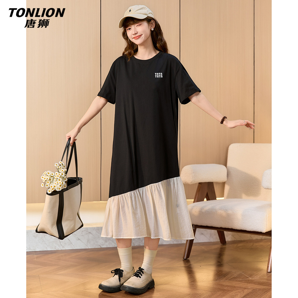 唐狮春夏季新款连衣裙女短袖T恤群拼接设计感显瘦长裙女装裙子